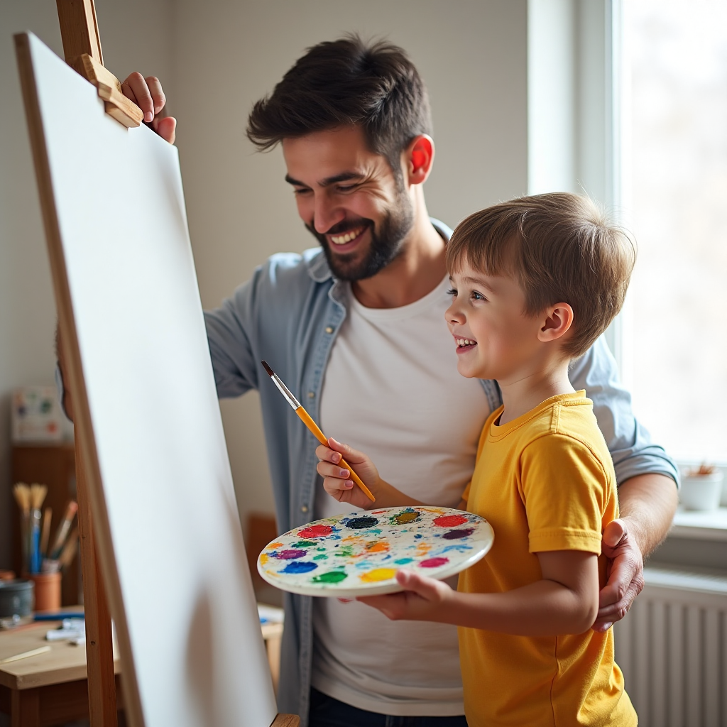 Père et fils peignant une toile personnalisée artisanale Monaliz’Moi