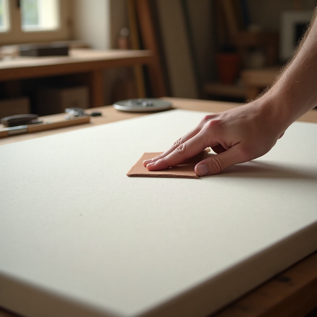 Ponçage artisanal d’une toile personnalisée Monaliz’Moi en atelier français